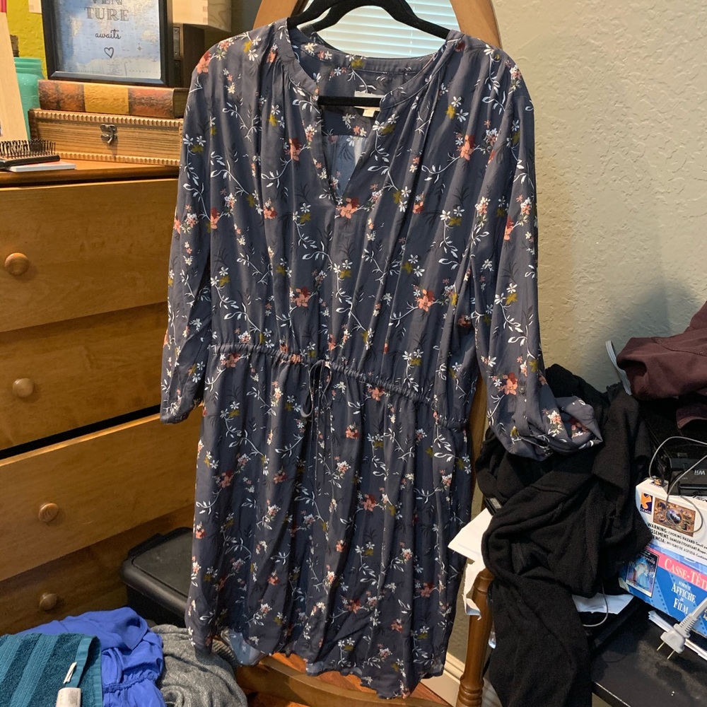 Loft Outlet grey floral tie waist dress, New, XXL